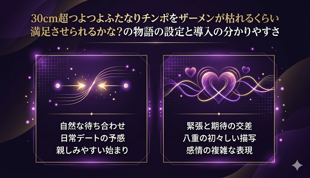 30cm超つよつよふたなりチンポをザーメンが枯れるくらい満足させられるかな？の物語の導入や待ち合わせシーンを表現したイメージ画像