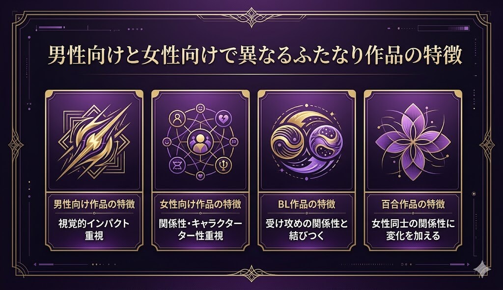 男性向けと女性向けで異なるふたなり作品の特徴を解説するイメージ画像