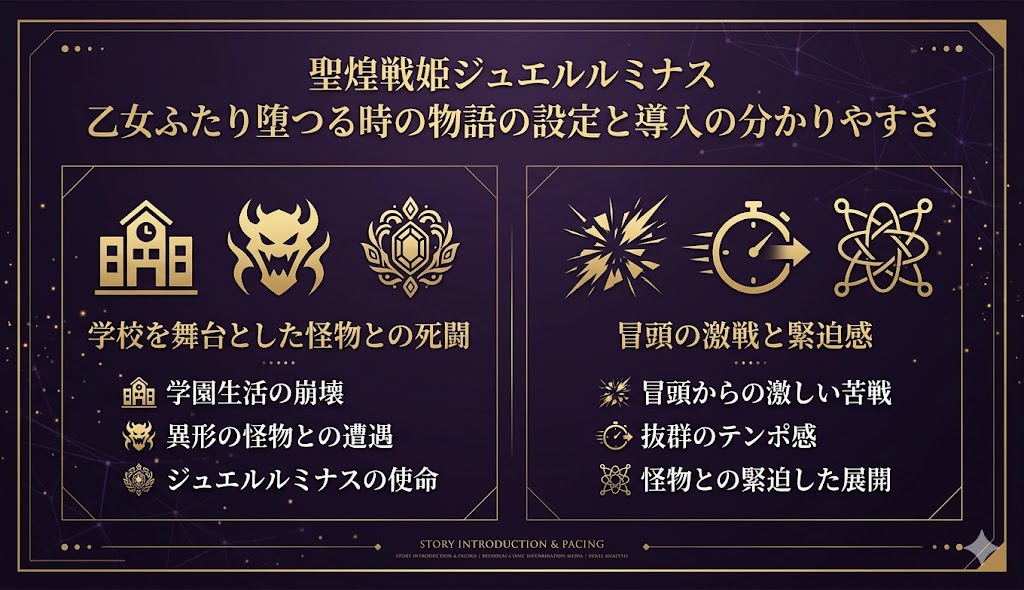 『聖煌戦姫ジュエルルミナス 乙女ふたり堕つる時』の怪物との戦いや触手シーンから始まる物語の設定と導入